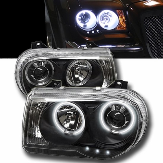 Φανάρια εμπρός Chrysler 300C (2004-2008) angel eyes με led - μαύρα , με λάμπες (Η1) - σετ 2τμχ.