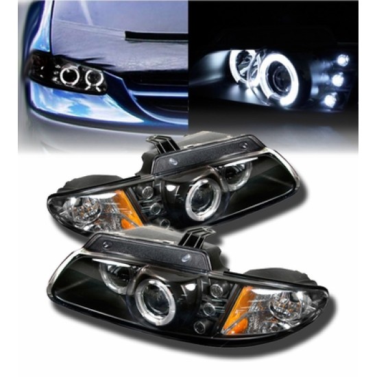 Φανάρια εμπρός Chrysler Voyager (1996-2002) angel eyes με led - μαύρα , με λάμπες (Η1) - σετ 2τμχ.
