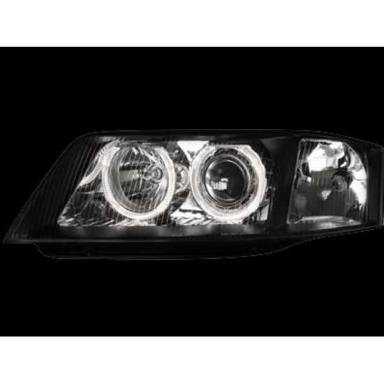 Φανάρια εμπρός Audi A6 (2001-2003) angel eyes - μαύρα , χωρίς λάμπες (Η7) - σετ 2τμχ.