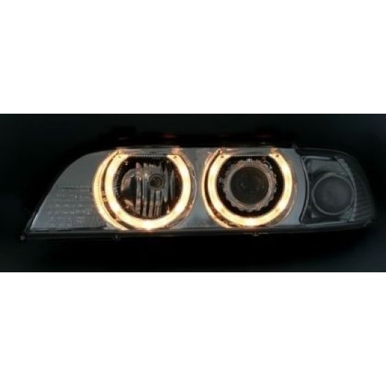 Φανάρια εμπρός angel eyes για BMW E39 (1995-2003) - μαύρα , με λάμπες (Η7) - σετ 2τμχ.