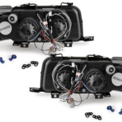 Φανάρια εμπρός angel eyes για Audi 80 B4 (1991-1996) - μαύρα , με λάμπες (Η1) - σετ 2τμχ.
