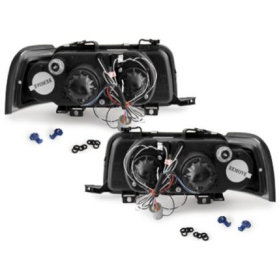 Φανάρια εμπρός angel eyes για Audi 80 B4 (1991-1996) - μαύρα , με λάμπες (Η1) - σετ 2τμχ.