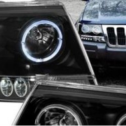 Φανάρια εμπρός led angel eyes για Jeep Grand Cherokee (1999-2005) - μαύρα , με λάμπες (Η1) - σετ 2τμχ.