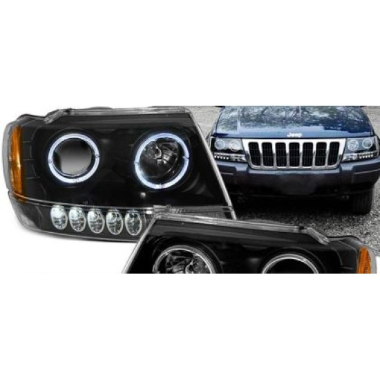 Φανάρια εμπρός led angel eyes για Jeep Grand Cherokee (1999-2005) - μαύρα , με λάμπες (Η1) - σετ 2τμχ.