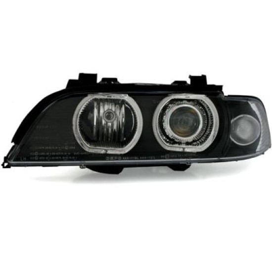 Φανάρια εμπρός angel eyes με led δαχτυλίδια για BMW E39 (1995-2000) - μαύρα , με λάμπες (Η7) - σετ 2τμχ.