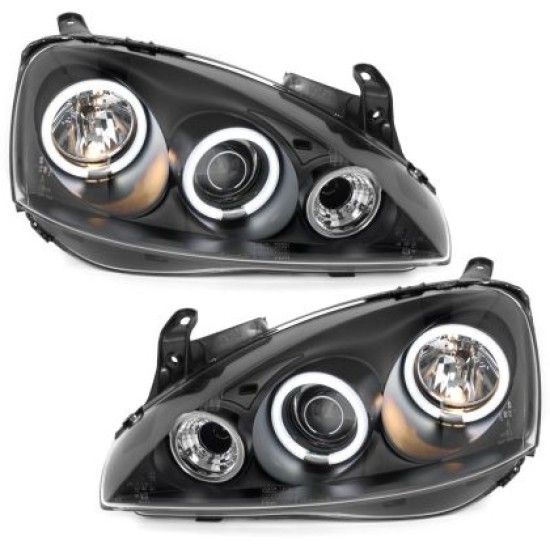 Φανάρια εμπρός angel eyes για Opel Corsa C (2001-2006) - μαύρα ,  χωρίς  λάμπες (Η1) - σετ 2τμχ.