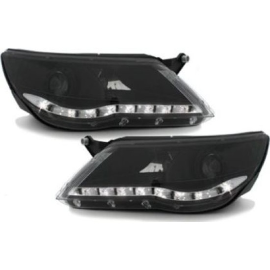 Φανάρια εμπρός led για Vw Tiguan (2007-2011) , μαύρα , με λάμπες (Η1) - σετ 2τμχ.