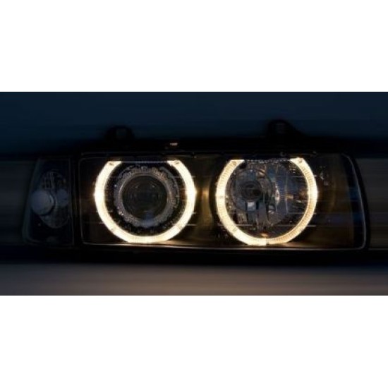 Φανάρια εμπρός angel eyes για Bmw E36 (1991-2000) 2d coupe - μαύρα , με λάμπες (Η7) - σετ 2τμχ.