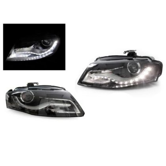 Φανάρια εμπρός με DRL led για Audi A4 B8 (2007-2011) -μαύρα , χωρίς λάμπες (Η7) - σετ 2τμχ.