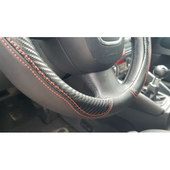 Δερμάτινο κάλυμμα τιμονιού 38 cm - Carbon - κόκκινες ραφές - 1 τμχ.