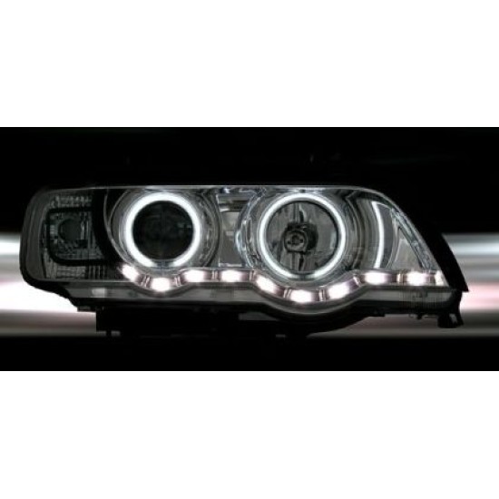Φανάρια εμπρός με φώτα ημέρας και angel eyes για BMW X5 (1999-2003) - μαύρα , με λάμπες (Η1) - σετ 2τμχ.