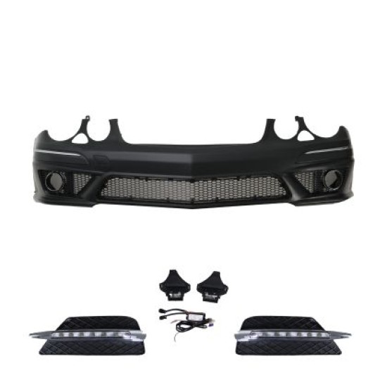 Προφυλακτήρας εμπρός για Mercedes W211 E-Class (2006-2009) - AMG Design με LED φώτα ημέρας, με ανοίγματα parktronik