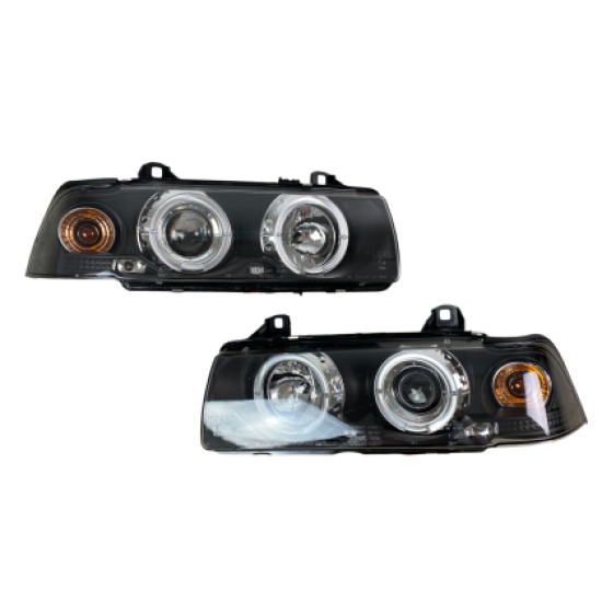 Φανάρια εμπρός angel eyes για Bmw E36 (1991-2000) 2d coupe - μαύρα , με λάμπες (Η7) - σετ 2τμχ.