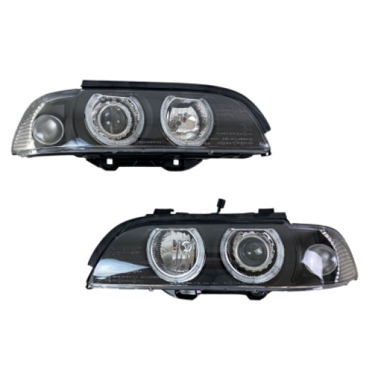 Φανάρια εμπρός angel eyes για BMW E39 (1995-2003) - μαύρα , με λάμπες (Η7) - σετ 2τμχ.
