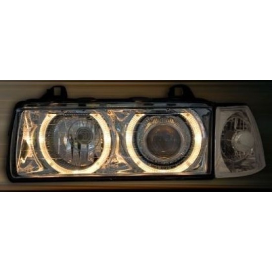 Φανάρια εμπρός angel eyes για BMW E36 (1991-2000) 4d sedan - chrome , χωρίς λάμπες (Η7) - σετ 2τμχ.
