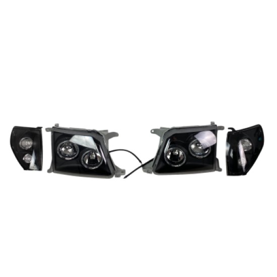 Φανάρια εμπρός Toyota Land Cruiser FJ90 (1996-2003) angel eyes - μαύρα , με λάμπες (Η1) - σετ 2τμχ.
