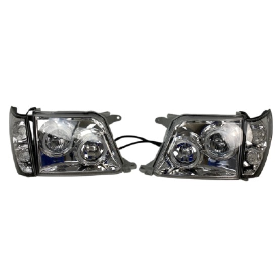 Φανάρια εμπρός Toyota Land Cruiser FJ90 (1996-2003) angel eyes - chrome , με λάμπες (Η1) - σετ 2τμχ.