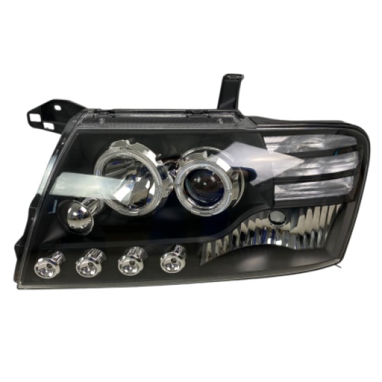 Φανάρια εμπρός Mitsubishi Pajero (2001-2006) angel eyes - μαύρα , με λάμπες (Η1) - σετ 2τμχ.