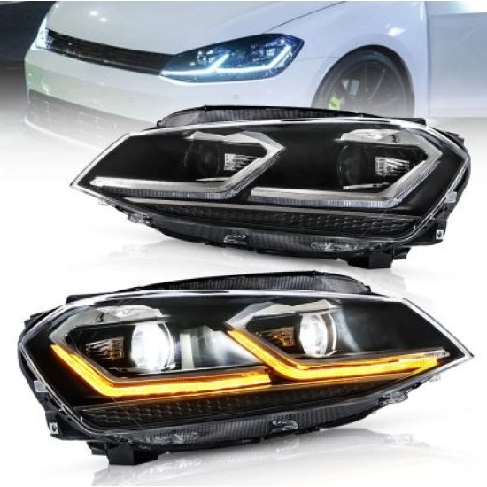 Φανάρια εμπρός Vw Golf 7 (2014-2018) led Silver line design, μαύρα, χωρίς λάμπες (D2S/H7) - σετ 2τμχ.