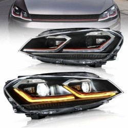 Φανάρια εμπρός Vw Golf 7 (2014-2018) led Red line design, μαύρα, χωρίς λάμπες (D2S/H7) - σετ 2τμχ.