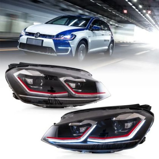 Φανάρια εμπρός Vw Golf 7.5 (2018-2021) led Red line design, μαύρα, χωρίς λάμπες (D2S/H7) - σετ 2τμχ.