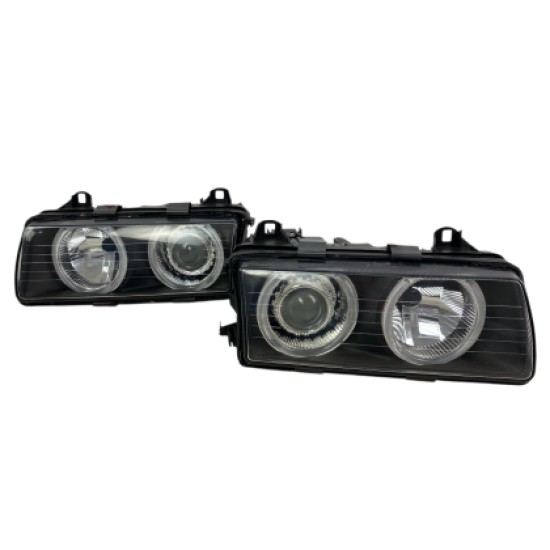 Φανάρια εμπρός BMW E36 (1991-1999) sedan / coupe, μαύρα με led angel eyes- σετ 2τμχ.