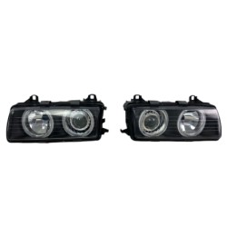 Φανάρια εμπρός BMW E36 (1991-1999) sedan / coupe, μαύρα με led angel eyes- σετ 2τμχ.