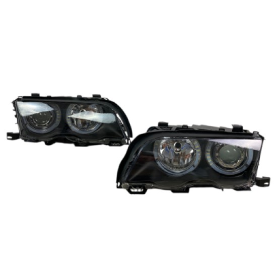 Φανάρια εμπρός BMW E46 sedan (1998-2001) - μαύρα με led angel eyes, χωρίς λάμπες (Η7) - σετ 2τμχ.