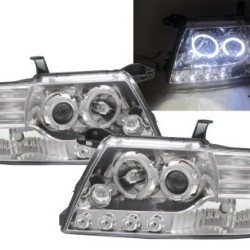 Φανάρια εμπρός Mitsubishi Pajero (2001-2006) angel eyes - chrome , με λάμπες (Η1) - σετ 2τμχ.