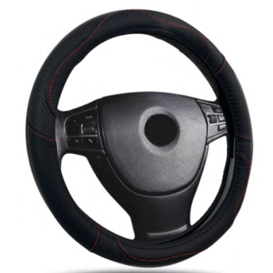 Δερμάτινο κάλυμμα τιμονιού 38 cm - Black -  carbon με κόκκινες ραφές - 1 τμχ.