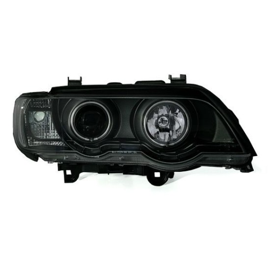 Φανάρια εμπρός με φώτα ημέρας led και angel eyes για BMW X5 (1999-2003) - μαύρα , με λάμπες (Η1) - σετ 2τμχ.