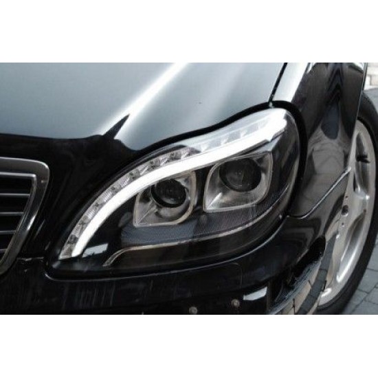 Φανάρια εμπρός led lightbar design για Mercedes W 220 S-Class (1998-2005) - μαύρα , με λάμπες (Η1) - σετ 2τμχ.