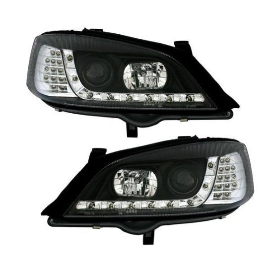 Φανάρια εμπρός led με DRL για Opel Astra G (1998-2004) - μαύρα , με λάμπες (Η1) - σετ 2τμχ.