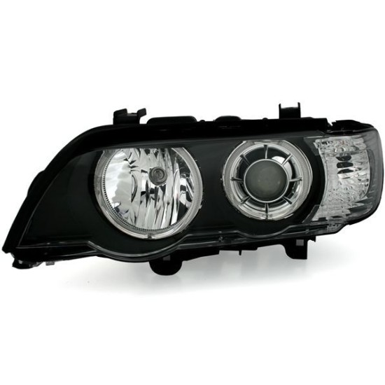 Φανάρια εμπρός angel eyes για BMW X5 με εργοστασιακά xenon (1999-2003) - μαύρα , χωρίς λάμπες (Η7) - σετ 2τμχ.