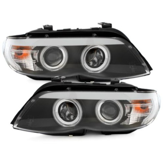 Φανάρια εμπρός angel eyes για BMW X5 (2003-2007) - black , με λάμπες (Η1) - σετ 2τμχ.