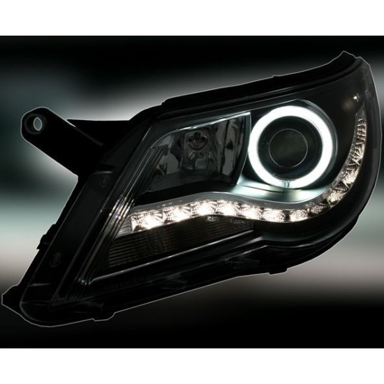 Φανάρια εμπρός led/angel eyes για Vw Tiguan (2007-2011) , μαύρα , με λάμπες (Η1) - σετ 2τμχ.