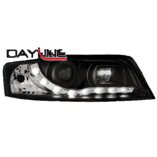 Φανάρια εμπρός led Dayline για Audi A4 (2001-2004) - μαύρα , με λάμπες (Η1) - σετ 2τμχ.