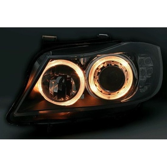 Φανάρια εμπρός angel eyes για BMW E90(2005-2009) - μαύρα , χωρίς λάμπες (Η7) - σετ 2τμχ.