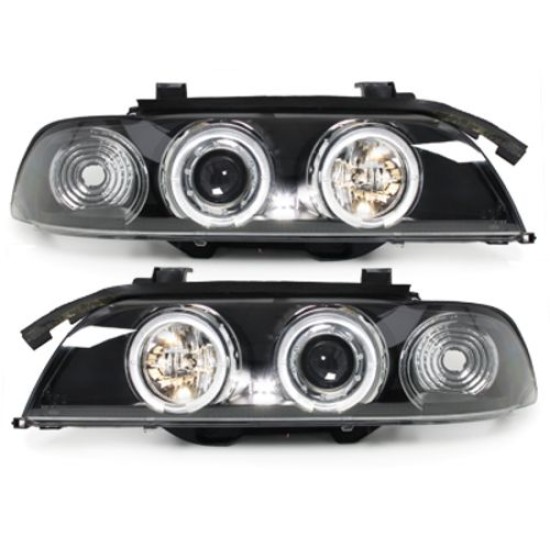 Φανάρια εμπρός angel eyes για BMW E39 (1995-2003) - μαύρα , με λάμπες (Η1) - σετ 2τμχ.