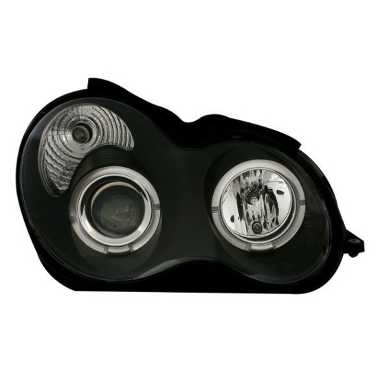 Φανάρια εμπρός για Mercedes C-CLASS W203 sedan (2000-2006) - με angel eyes , μαύρα , με λάμπες (Η1) - σετ 2τμχ.