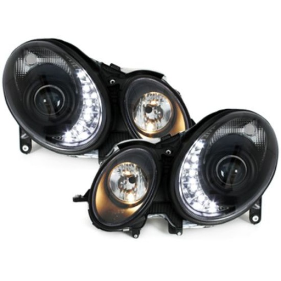 Φανάρια εμπρός led για Mercedes W211 E-Class (2002-2006) μαύρα , χωρίς λάμπες (Η7) - σετ 2τμχ.