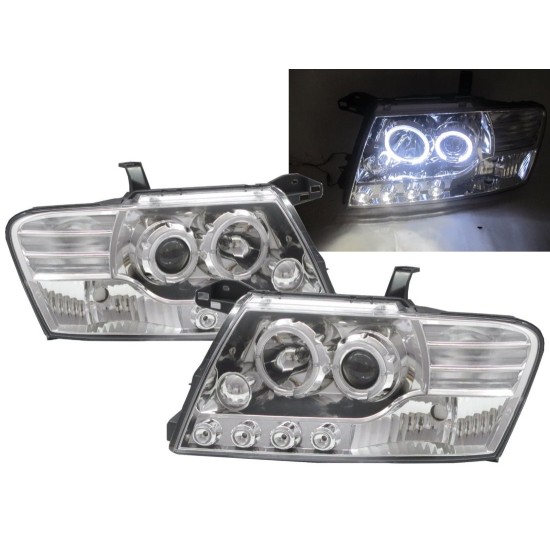 Φανάρια εμπρός angel eyes για Mitsubishi Pajero (2001-2006) - chrome , με λάμπες (Η1) - σετ 2τμχ.