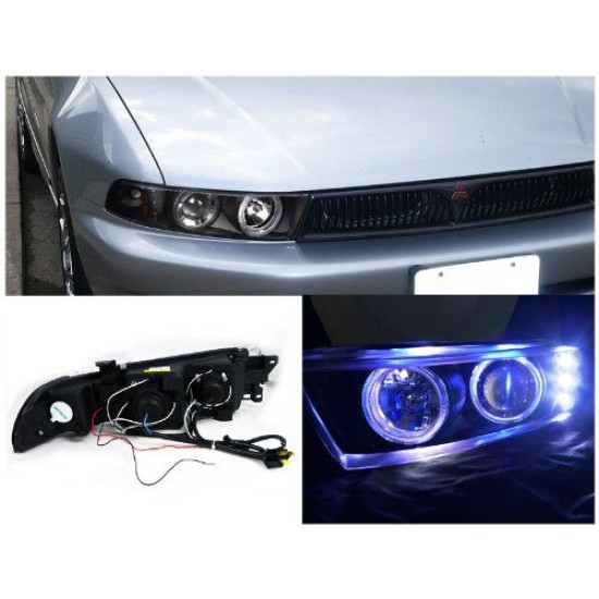 Φανάρια εμπρός led angel eyes για Mitsubishi Galant (1996-2006) - μαύρα , με λάμπες (Η1) - σετ 2τμχ.