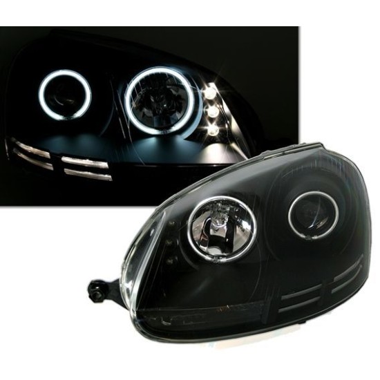 Φανάρια εμπρός angel eyes για VW Golf 5 - μαύρα με λάμπες (Η1) - σετ 2τμχ.