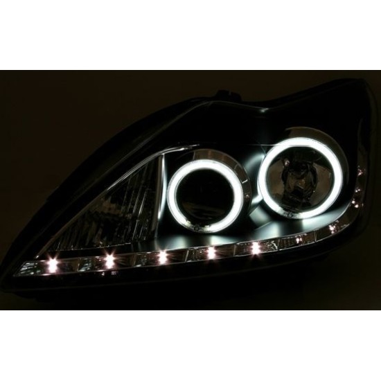 Φανάρια εμπρός led angel eyes για Ford Focus (2008-2011) - chrome , με λάμπες (Η1) - σετ 2τμχ.