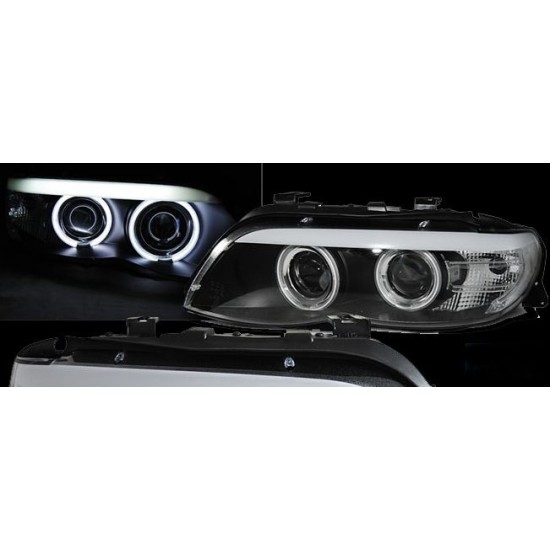 Φανάρια εμπρός angel eyes για BMW X5 (2003-2007) - μαύρα , με λάμπες (Η1) - σετ 2τμχ.