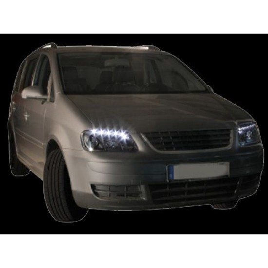 Φανάρια εμπρός led για Vw Touran / Caddy (2003-2006) , μαύρα , με λάμπες (Η1) - σετ 2τμχ.