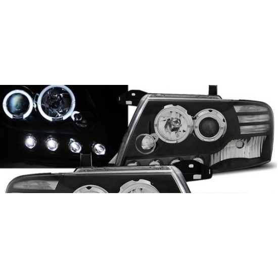 Φανάρια εμπρός angel eyes για Mitsubishi Pajero (2001-2006) - μαύρα , με λάμπες (Η1) - σετ 2τμχ.