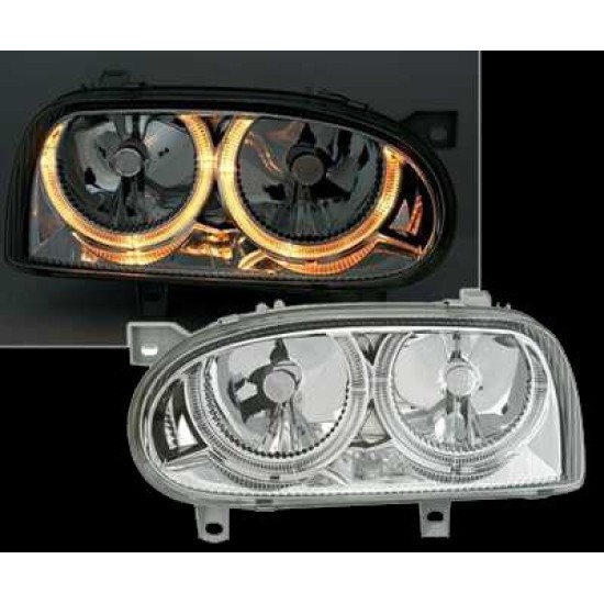 Φανάρια εμπρός angel eyes για Vw Golf 3 R32 design - chrome , με λάμπες (Η1) - σετ 2τμχ.