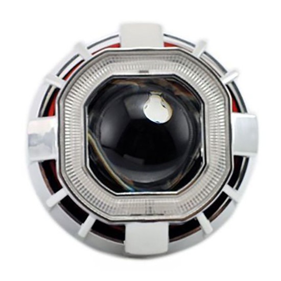 Bi xenon προτζέκτορες Morimoto Mini Spiral 2.5'' - με τετράγωνα δαχτυλίδια για angel eyes - λεύκο μικρό και κόκκινο μεγάλο δαχτυλίδι  -2 τμχ.